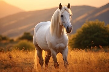 White horse or mare in the mountains at sunset.