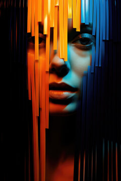 Abstract representation of a female figure with cascading multicolored stripes overlaying her face, blending vibrant hues of orange, blue, and violet. Generative AI.