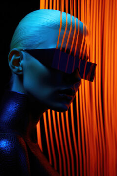 Ethereal portrayal of a woman with striking blue hair. Sharp linear patterns obstruct her vision, yet she emanates a sense of calm and mystery.  Generative AI.