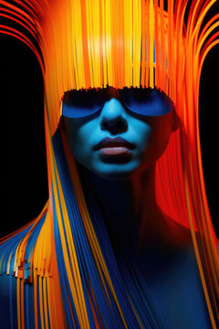 A front-facing portrait of a woman embodies the essence of contemporary art with cascading neon shades of blue and orange. Her enigmatic eyes peer through dynamic fringes. Generative AI.