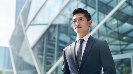 Portrait of a young Asian businessman in front of a modern corporate glass building