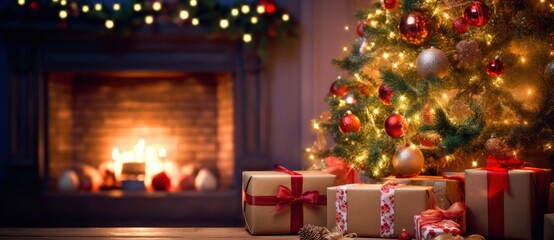 Christmas Home Room, Gift Box Below Tree With Lights And Fireplace.
