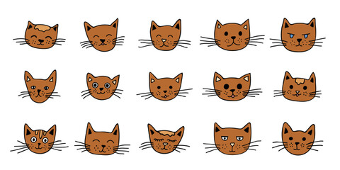 Hand drawn cat muzzle clipart. Cute pet face doodle set