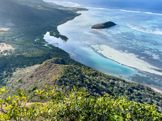 Hiking peak of Le Morne Brabant Mountain, UNESCO World Heritage Site basaltic mountain with a...