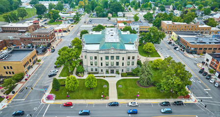 Aerial entrance of Auburn courthouse with view of downtown buildings