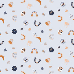 Seamless children's pattern with the image of gray, brown and dark blue owls, rainbows, clouds, moon, leaves, pine cones in boho style on a light gray background, digital hand drawing.