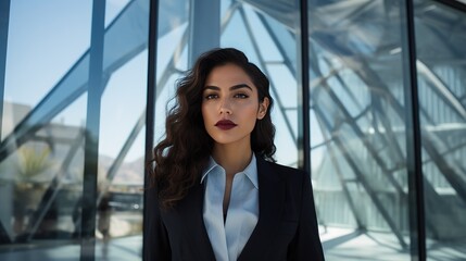 Portrait of a young Mexican businesswoman in front of a modern corporate glass building