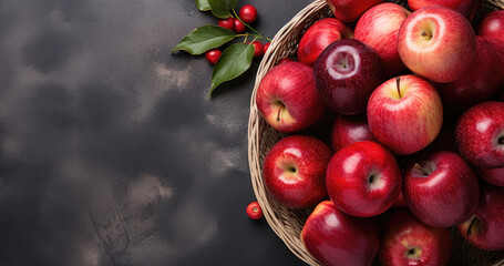 Fresh red apples in a basket on a table. Top view. Left side copy space for text. Suitable for national eat a red apple day - Powered by Adobe