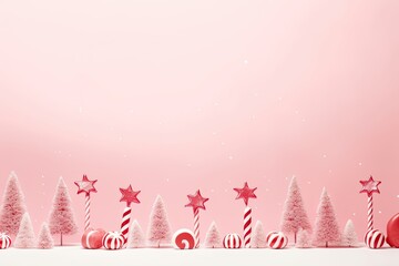 A minimalist holiday aesthetic with elements like trees, candy canes, stars, snowmen and bells work well for card creation. On a soft pink background.