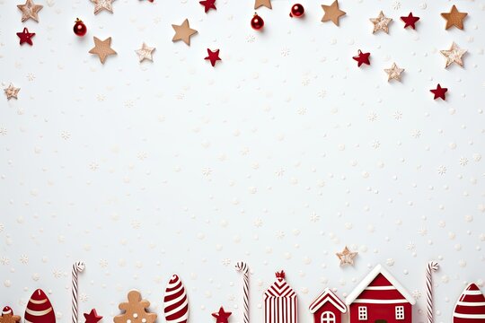 Fototapeta A minimalist holiday aesthetic with elements like trees, candy canes, stars, snowmen and bells work well for card creation. Red and white color.