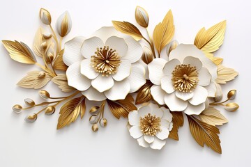 3d gold flowers white backgroung.