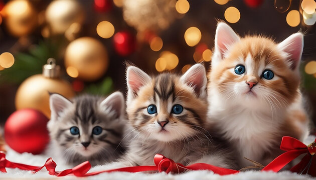 Cute kittens in a new year setting. Gift for Christmas. Concept of celebrating christmas or new year.