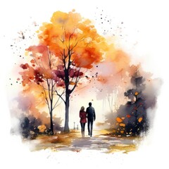Obraz na płótnie Canvas Watercolor autumn landscape with a couple walking.