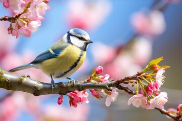 A Bluetit bird resting on the branch of a tree.