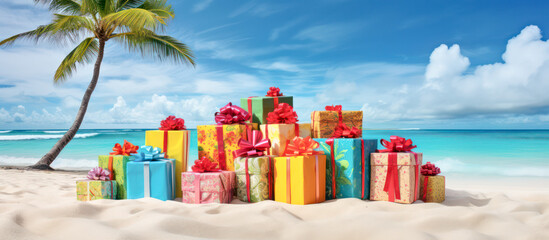 Colorful gift boxes on the beach as panorama background