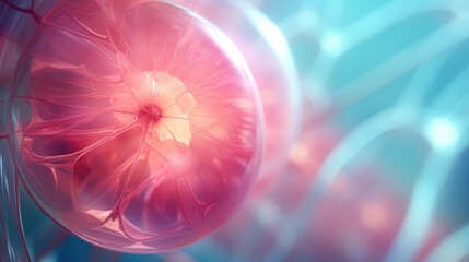 Human organism cell, human embryo, macro photo. Blue and pink colors