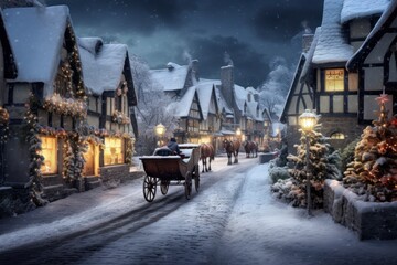 A picturesque winter landscape covered in fresh snow, with a charming village, twinkling lights,...