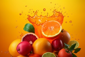 Vibrant juice splashing with water droplets, bursting with colorful healthy fruit content on a refreshing orange background. Generative AI