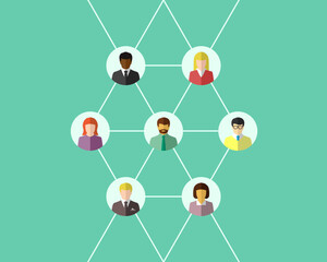 Network concept with diverse people in flat design. Networking group connected by lines. Ethnic diversity, multiracial representation including Caucasian, Asian, Black ethnicity. Vector illustration.