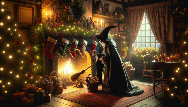 Mystical scene of Christmas holiday traditions with a good witch Befana. Witch visit homes fill children’s stockings with goodies and sweep the hearth to remove bad luck for the coming year.