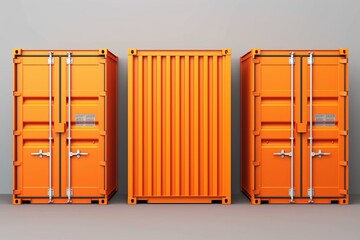 Illustration of orange cargo containers with open and closed doors for storage and transportation. Generative AI