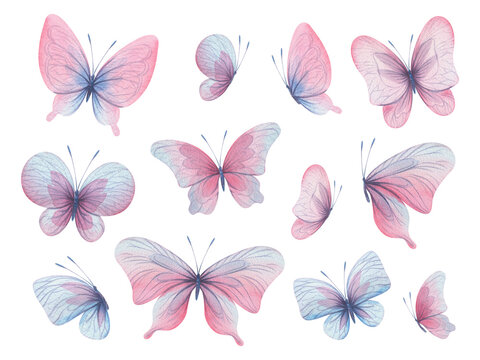 Butterflies are pink, blue, lilac, flying, delicate with wings and splashes of paint. Hand drawn watercolor illustration. Set of isolated elements on a white background, for design.