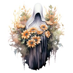 A stunning ghost holding flower bouquet and enjoying the festivities of Halloween.