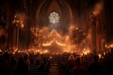An enchanting image of a historic church illuminated by hundreds of candles during a midnight Christmas service
