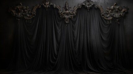 black interior with curtains in Baroque style.