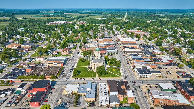 Whitley County Courthouse aerial view downtown Columbia City with houses and neighborhoods