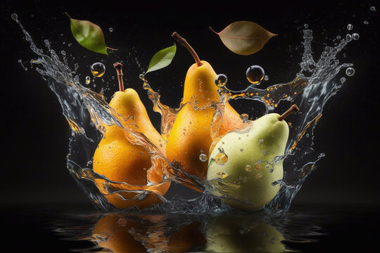 Pears and pear leaves in splashes of water on a black background. Generative AI.