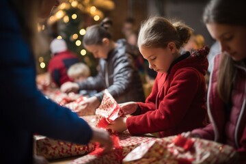 image of a volunteer group wrapping gifts for underprivileged children in a local community center, embodying the spirit of giving and altruism during the Christmas season - obrazy, fototapety, plakaty