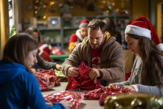 image of a volunteer group wrapping gifts for underprivileged children in a local community center, embodying the spirit of giving and altruism during the Christmas season