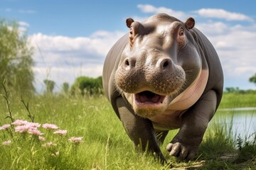 Hippopotamus Walking in a green field.