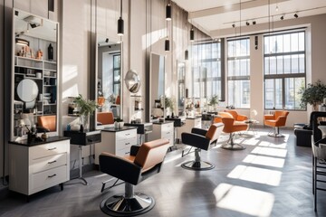Fototapeta premium Stylish beauty salon interior. Hairdresser and makeup artist workplaces room.