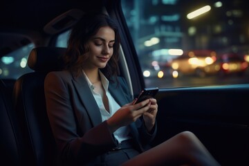 Beautiful businesswoman is commuting from office in a backseat of luxury car at night. Woman in car. - Powered by Adobe