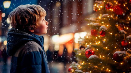 Adorable boy kid looking through the display window at Christmas decoration in the shop. Ai generated