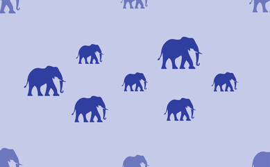 Seamless pattern of large isolated blue elephants. The pattern is divided by a line of elements of lighter tones. Vector illustration on light blue background