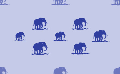 Seamless pattern of large isolated blue wild elephant symbols. The pattern is divided by a line of elements of lighter tones. Vector illustration on light blue background