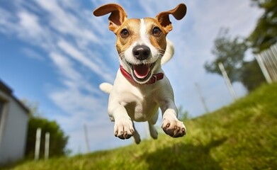 Jack Russel Parson Dog Run Toward The Camera Low Angle High Speed Shot.