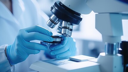 A scientist conducts a research under a microscope. A chemical experiment. The development of biotechnology