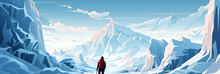 Alpinist climber on the top of an icy mountain , goal achieved, active tourism and mountain travel, banner illustration