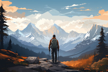 Traveler standing on top of a mountain, goal reached, active tourism and mountain travel, illustration