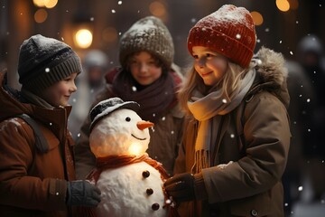 A photograph of happy children sculpting snowmen. - Generative AI