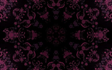 Illustration of a dark background with pink floral ornaments