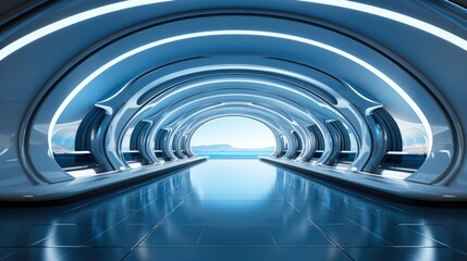 Obraz premium Neon glowing cybernetic tunnel, fantastic space with smooth metal walls .