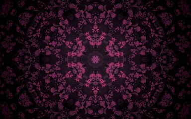 Illustration of a dark background with pink floral repeating patterns