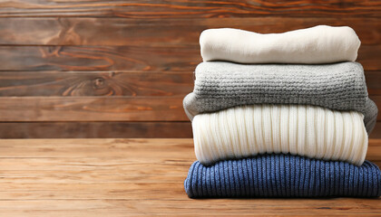 Pile of knitted winter clothes on wooden background, sweaters, knitwear, space for text generated ai