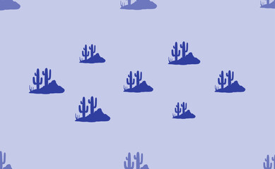 Seamless pattern of large isolated blue wild cactus symbols. The pattern is divided by a line of elements of lighter tones. Vector illustration on light blue background