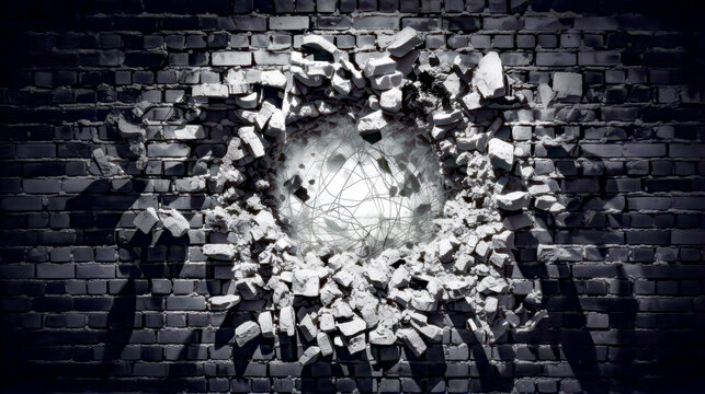 Hole in brick wall with wire in the middle of it.